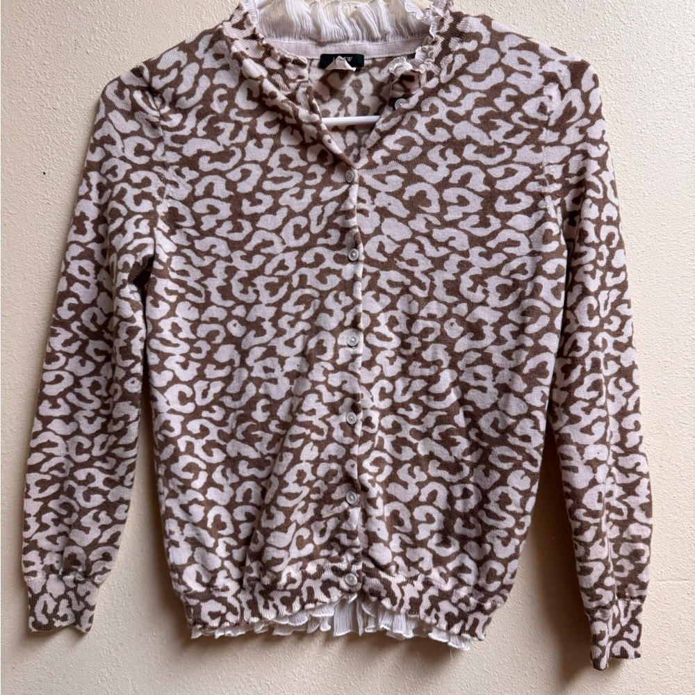 J.Crew XS Button-Up Cardigan Sweater – Ruffle Trim – Leopard Print – Wool Blend